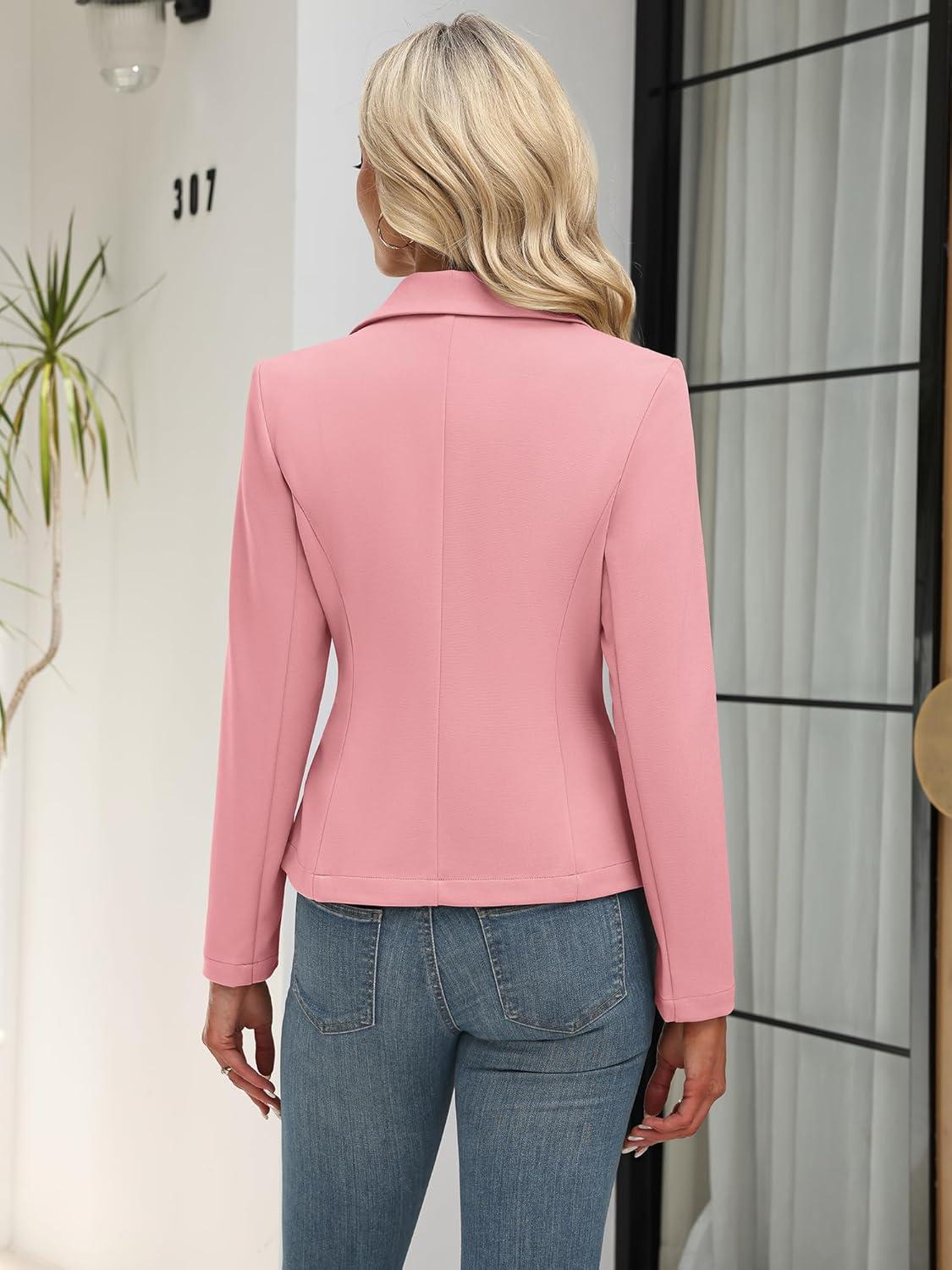 image:imageELLEVEN Womens Work Knit Blazer Stretch Slim Fit HalfLined Lightweight Suit Notched Lapel JacketDark Pink