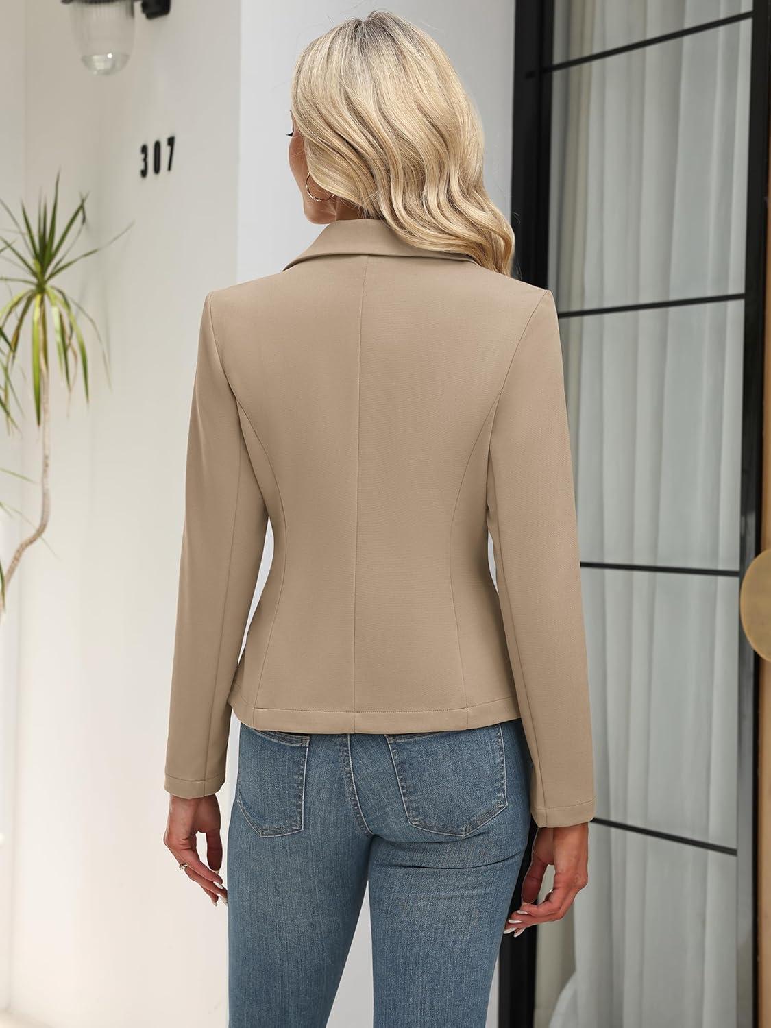 image:imageELLEVEN Womens Work Knit Blazer Stretch Slim Fit HalfLined Lightweight Suit Notched Lapel JacketKhaki