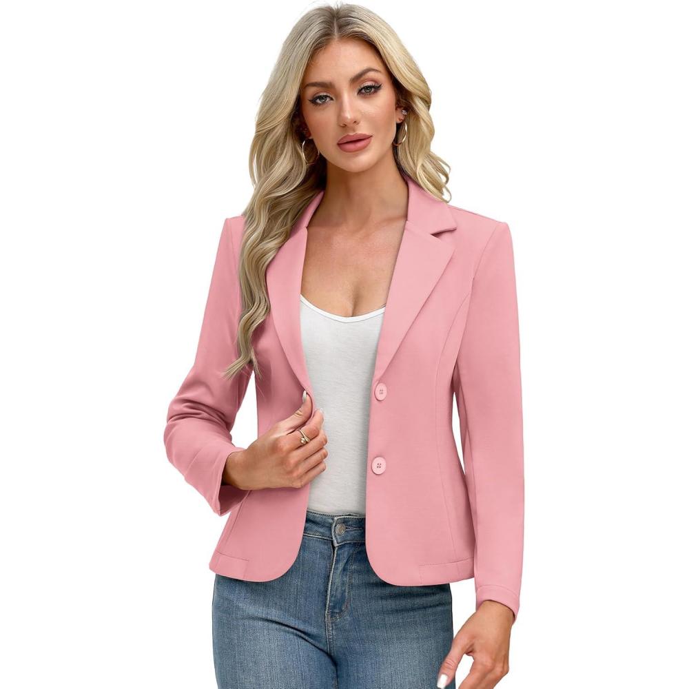 image:imageELLEVEN Womens Work Knit Blazer Stretch Slim Fit HalfLined Lightweight Suit Notched Lapel JacketDark Pink