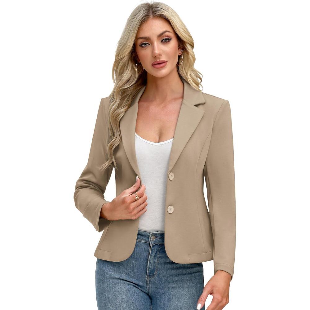 image:imageELLEVEN Womens Work Knit Blazer Stretch Slim Fit HalfLined Lightweight Suit Notched Lapel JacketKhaki