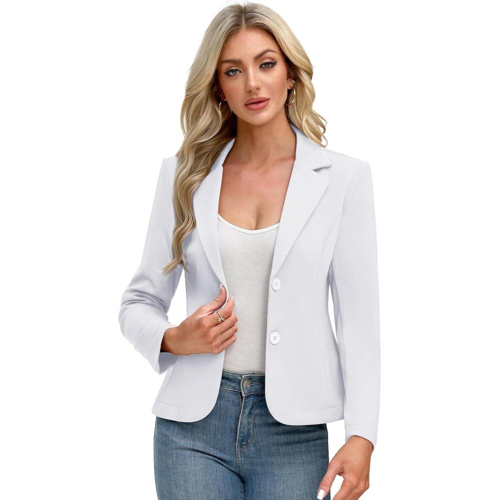 image:imageELLEVEN Womens Work Knit Blazer Stretch Slim Fit HalfLined Lightweight Suit Notched Lapel JacketWhite