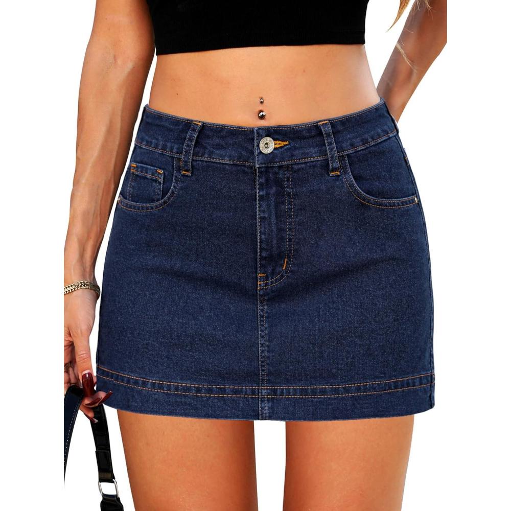 image:imageELLEVEN Denim Mini Skirt with Builtin Shorts for Women High Waist Stretch Y2K Skirts Casual Cute Summer Skort with PocketsDark Blue Denim
