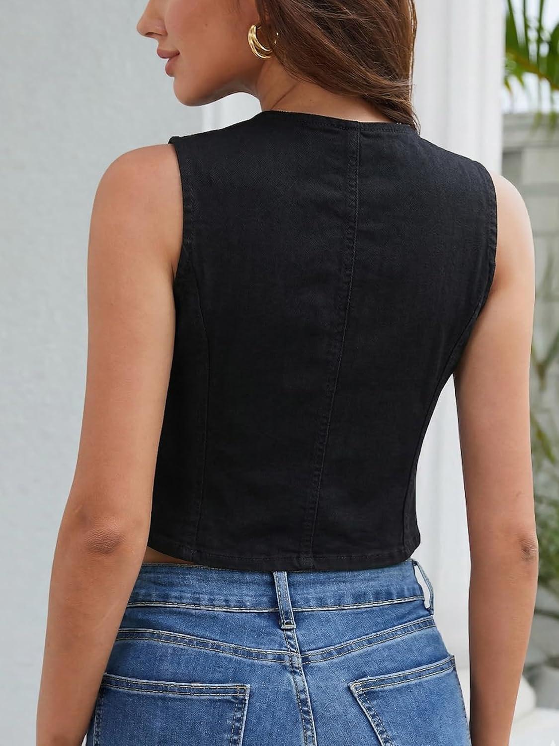 image:imageELLEVEN Womens Cropped Denim Vest with Fitted Waist VNeck Jean Waistcoat for Summer Western Trendy OutfitsAll Black