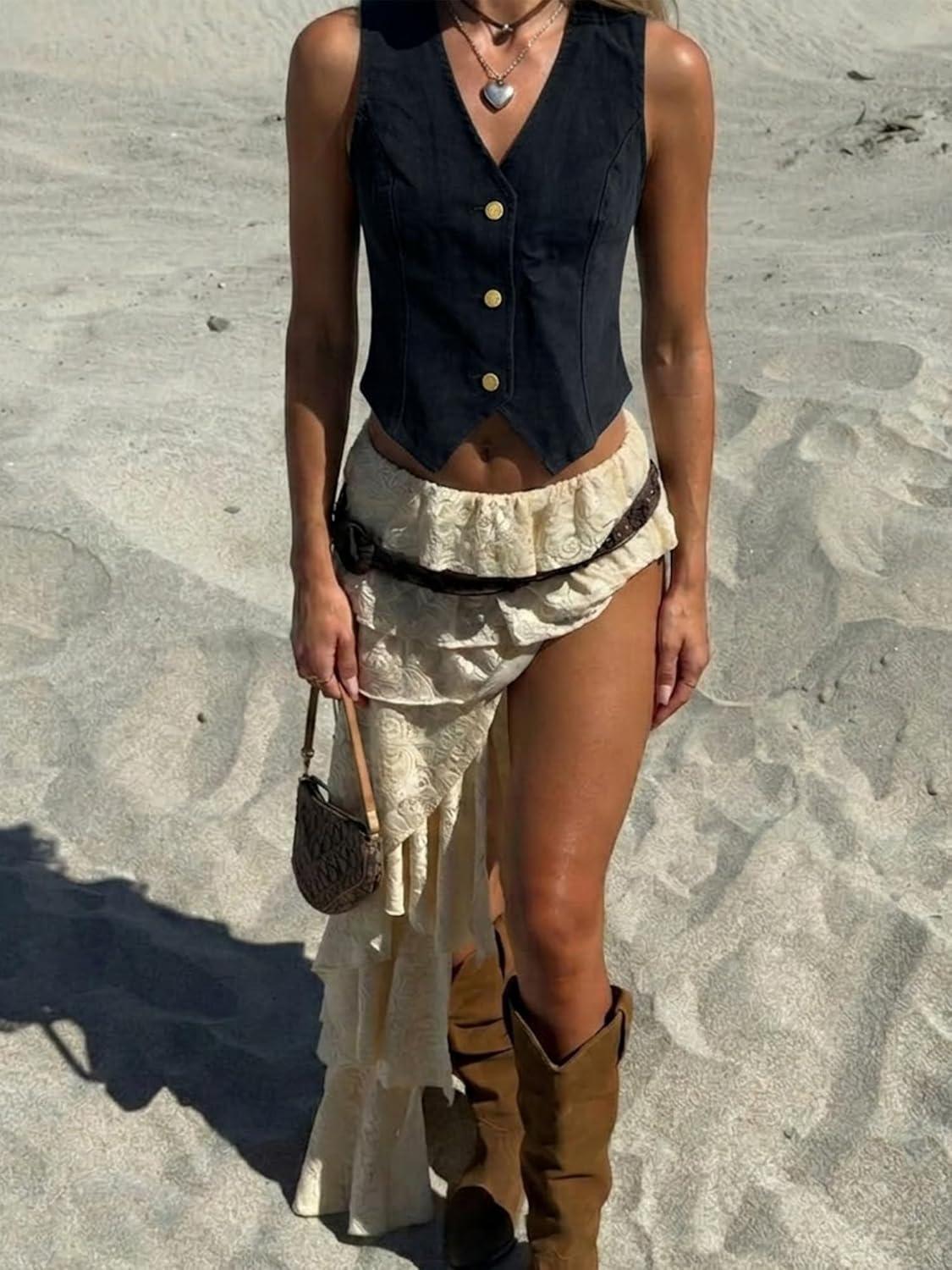 image:imageELLEVEN Womens Cropped Denim Vest with Fitted Waist VNeck Jean Waistcoat for Summer Western Trendy OutfitsAll Black