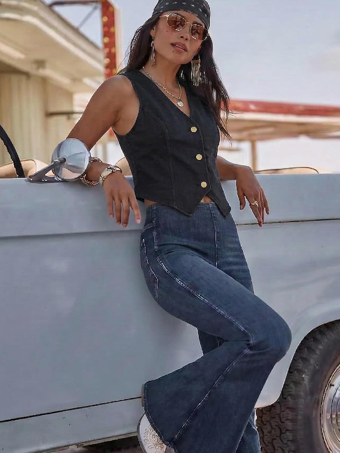 image:imageELLEVEN Womens Cropped Denim Vest with Fitted Waist VNeck Jean Waistcoat for Summer Western Trendy OutfitsAll Black