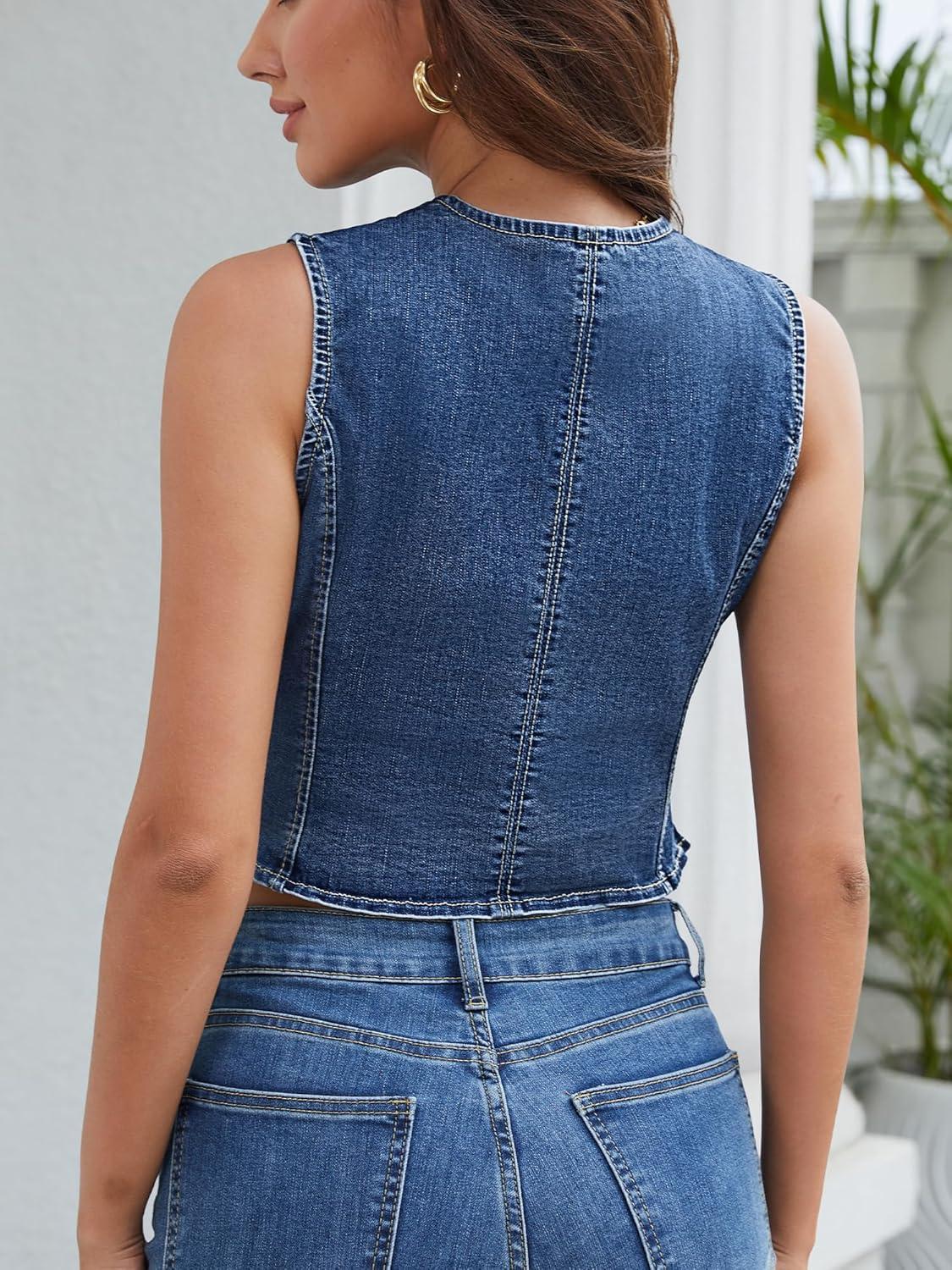 image:imageELLEVEN Womens Cropped Denim Vest with Fitted Waist VNeck Jean Waistcoat for Summer Western Trendy OutfitsDenim Blue