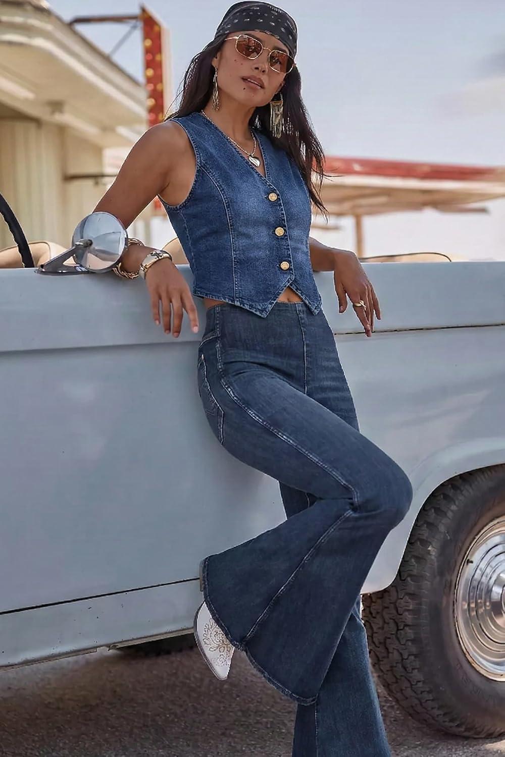 image:imageELLEVEN Womens Cropped Denim Vest with Fitted Waist VNeck Jean Waistcoat for Summer Western Trendy OutfitsDenim Blue