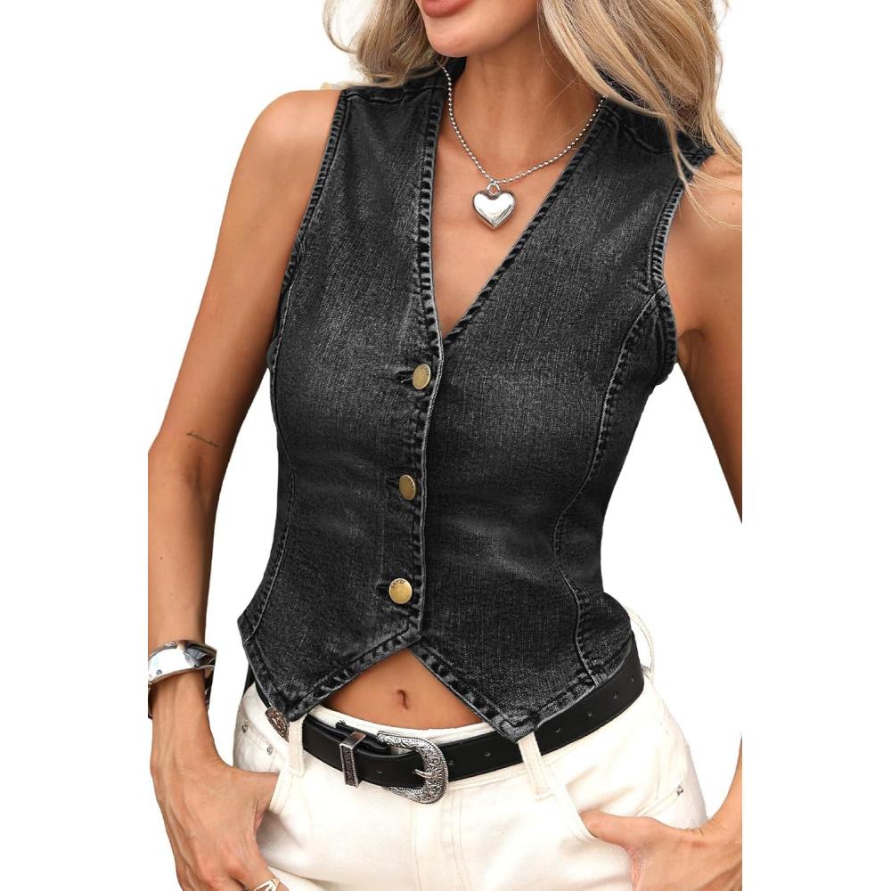 image:imageELLEVEN Womens Cropped Denim Vest with Fitted Waist VNeck Jean Waistcoat for Summer Western Trendy OutfitsDenim Black