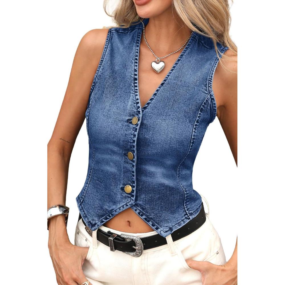 image:imageELLEVEN Womens Cropped Denim Vest with Fitted Waist VNeck Jean Waistcoat for Summer Western Trendy OutfitsDenim Blue