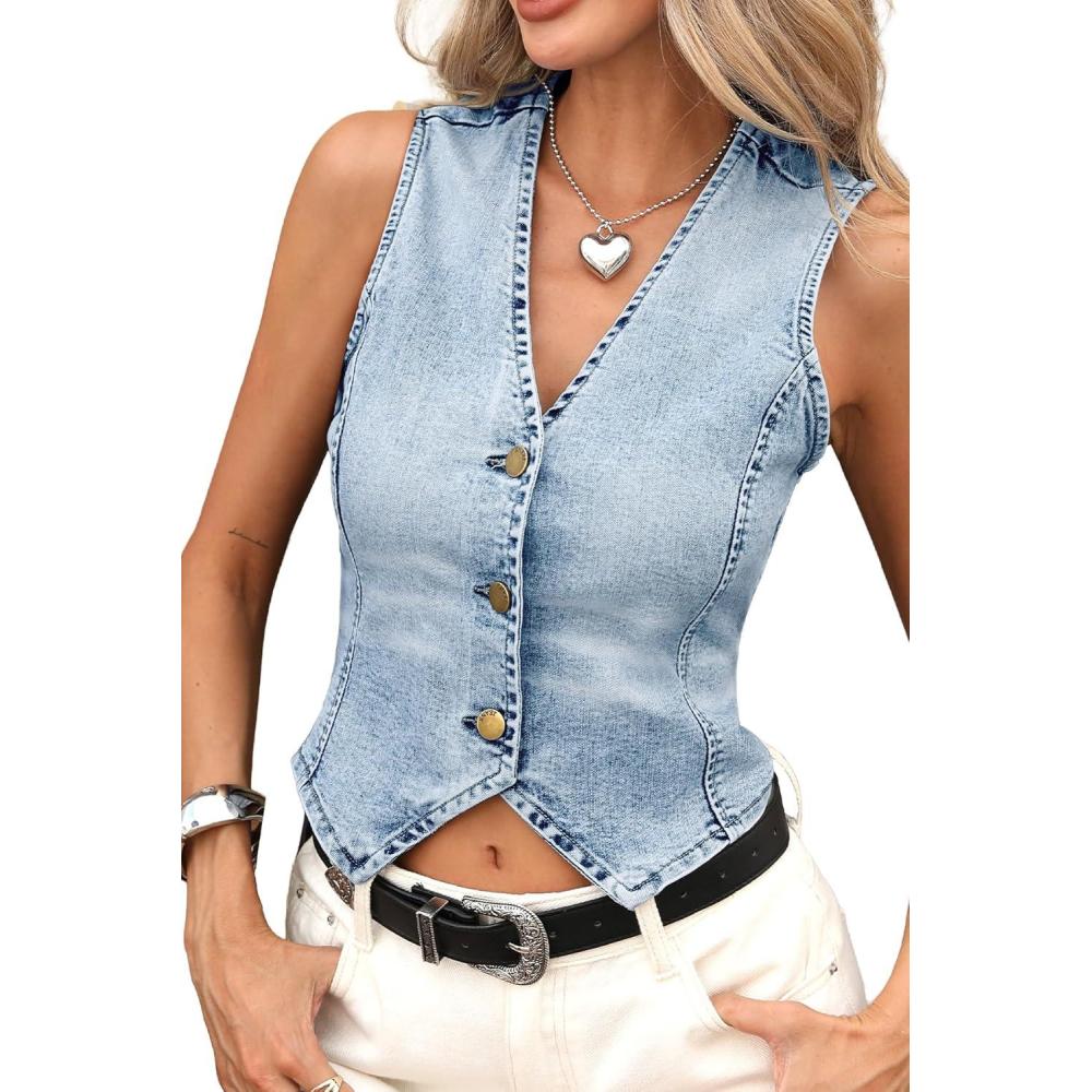 image:imageELLEVEN Womens Cropped Denim Vest with Fitted Waist VNeck Jean Waistcoat for Summer Western Trendy OutfitsLight Blue
