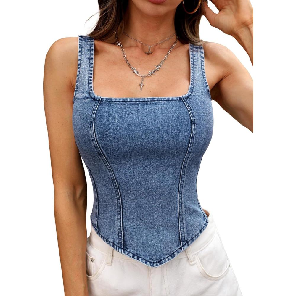 image:imageELLEVEN Womens Denim Corset Tank Top High Stretch Sleeveless Jean Vest Top Zip Up Back Y2k Going Out OutfitsDark Blue Denim