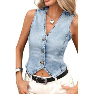 ELLEVEN Women’s Cropped Denim Vest with Fitted Waist, V-Neck Jean Waistcoat for Summer Western Trendy Outfits(Light Blue)