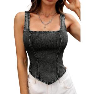 ELLEVEN Women’s Denim Corset Tank Top, High Stretch Sleeveless Jean Vest Top Zip Up Back Y2k Going Out Outfits(Black)