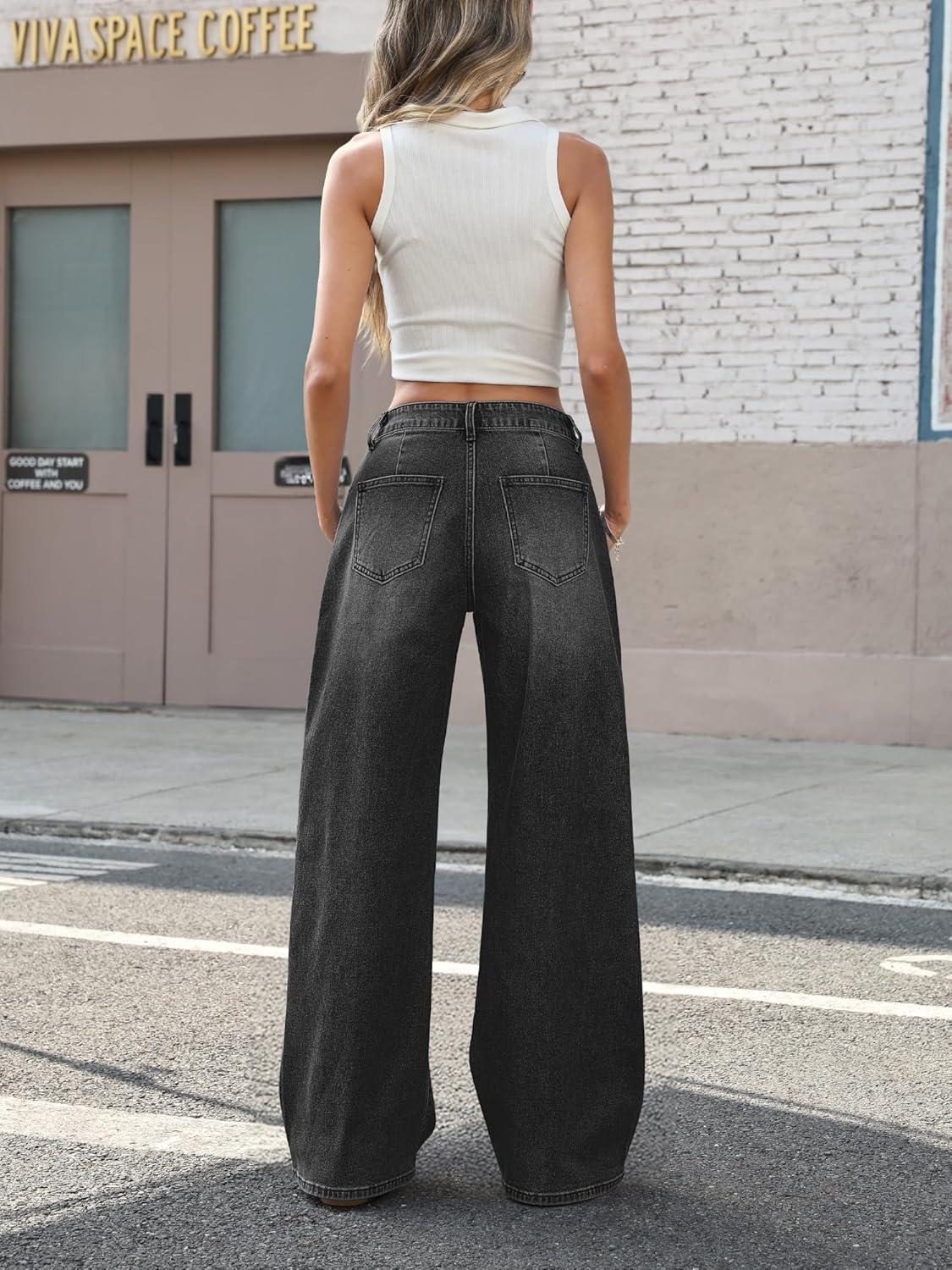 image:imageELLEVEN LowRise Baggy Jeans for Women Y2k Wide Leg Loose Denim Pants Stretchy Boyfriend Long JeansBlack