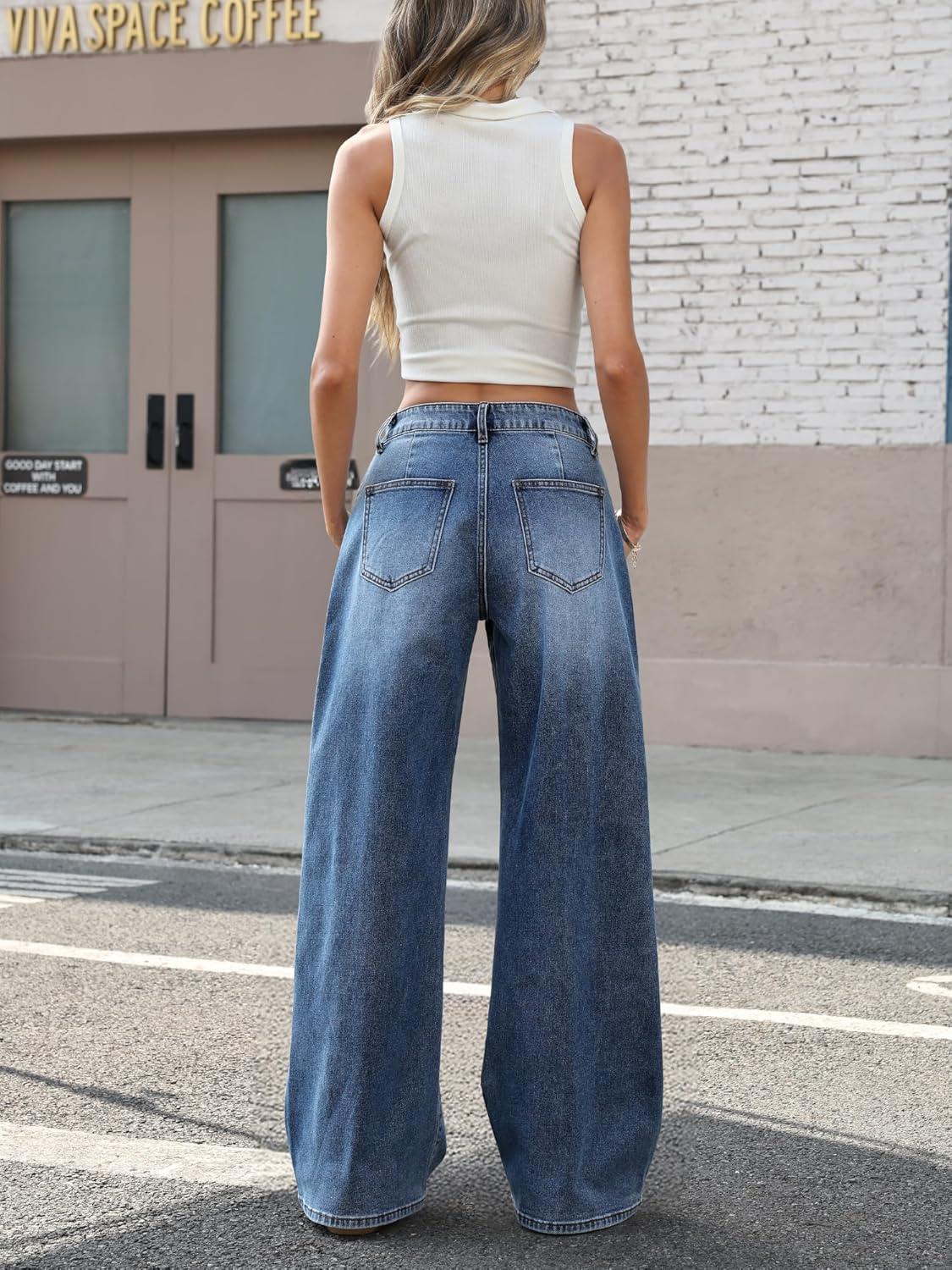 image:imageELLEVEN LowRise Baggy Jeans for Women Y2k Wide Leg Loose Denim Pants Stretchy Boyfriend Long JeansBlue