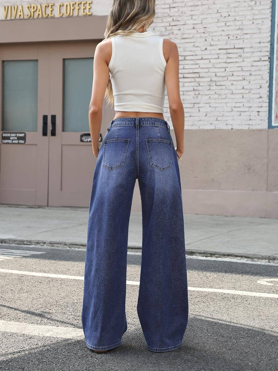 image:imageELLEVEN LowRise Baggy Jeans for Women Y2k Wide Leg Loose Denim Pants Stretchy Boyfriend Long JeansDark Blue