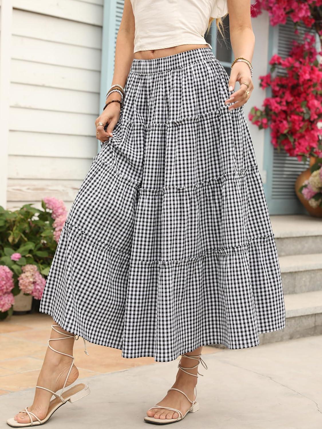 image:imageELLEVEN Womens Boho Maxi Skirt Flowy Elastic High Waisted Long Skirts ALine Summer Vacation OutfitsBlack Plaid