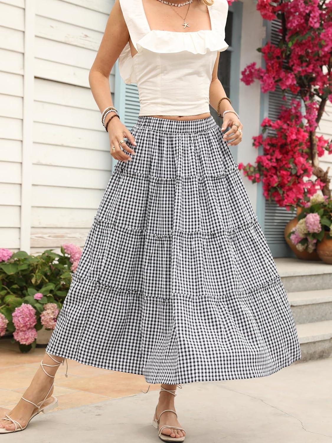 image:imageELLEVEN Womens Boho Maxi Skirt Flowy Elastic High Waisted Long Skirts ALine Summer Vacation OutfitsBlack Plaid