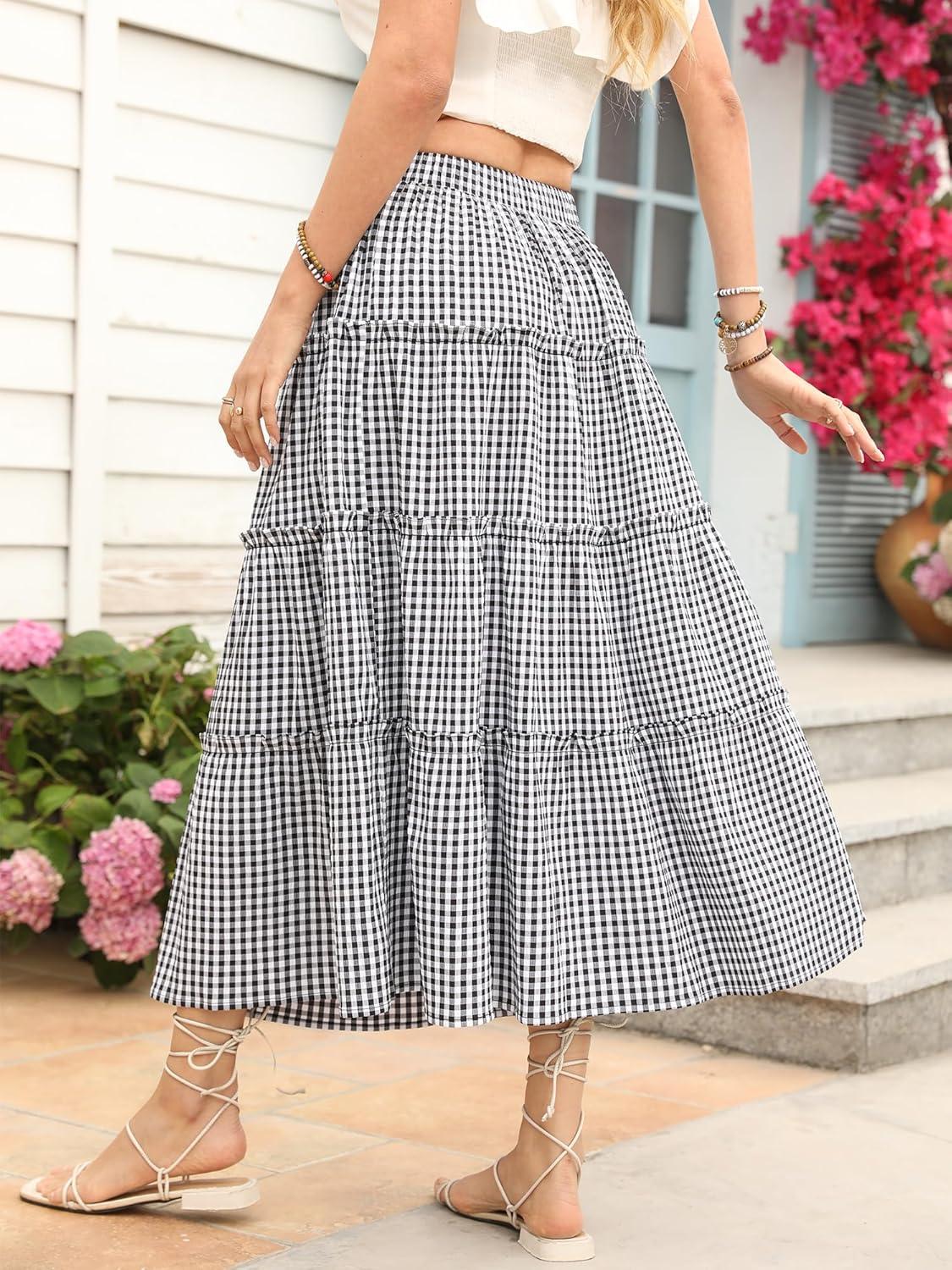 image:imageELLEVEN Womens Boho Maxi Skirt Flowy Elastic High Waisted Long Skirts ALine Summer Vacation OutfitsBlack Plaid