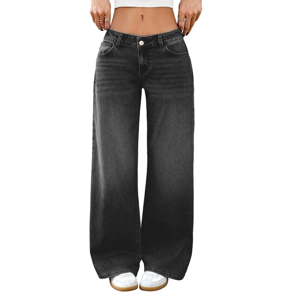 image:imageELLEVEN LowRise Baggy Jeans for Women Y2k Wide Leg Loose Denim Pants Stretchy Boyfriend Long JeansBlack