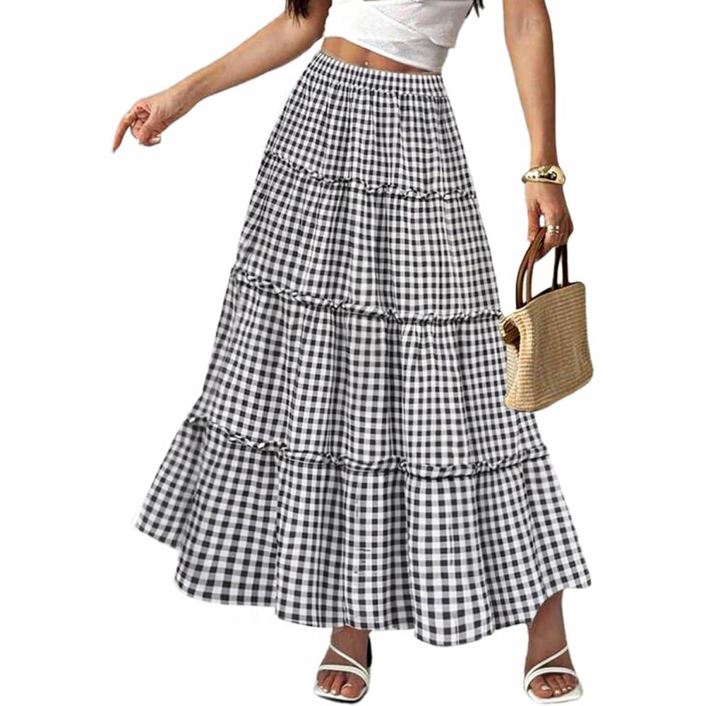 image:imageELLEVEN Womens Boho Maxi Skirt Flowy Elastic High Waisted Long Skirts ALine Summer Vacation OutfitsBlack Plaid