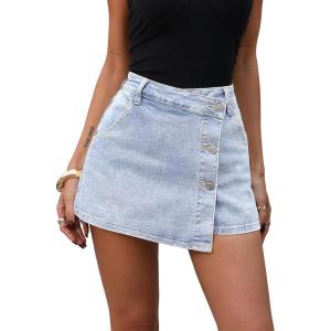 ELLEVEN Denim Mini Skorts Button Front High Waisted Stretch Asymmetrical Jean Skirt with Shorts(Light Blue Denim)