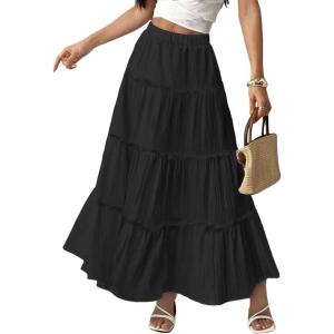 ELLEVEN Women’s Boho Maxi Skirt, Flowy Elastic High Waisted Long Skirts A-Line Summer Vacation Outfits(Black)