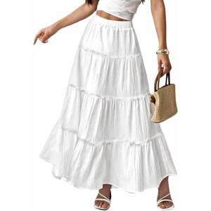 ELLEVEN Women’s Boho Maxi Skirt, Flowy Elastic High Waisted Long Skirts A-Line Summer Vacation Outfits(White)