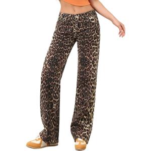 ELLEVEN Women’s Low-Rise Baggy Jeans, High Stretchy Y2K Wide Leg Jeans Boyfriend Straight Leg Denim Pants(Leopard Print)