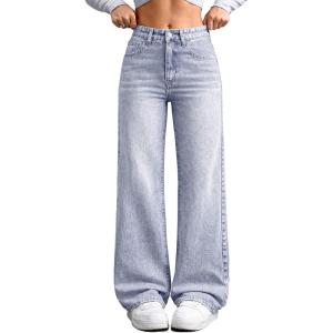 ELLEVEN Women’s Wide Leg Baggy Jeans,High Waisted Stretchy Boyfriend Y2k Casual Denim Pants for Women(Light Blue)