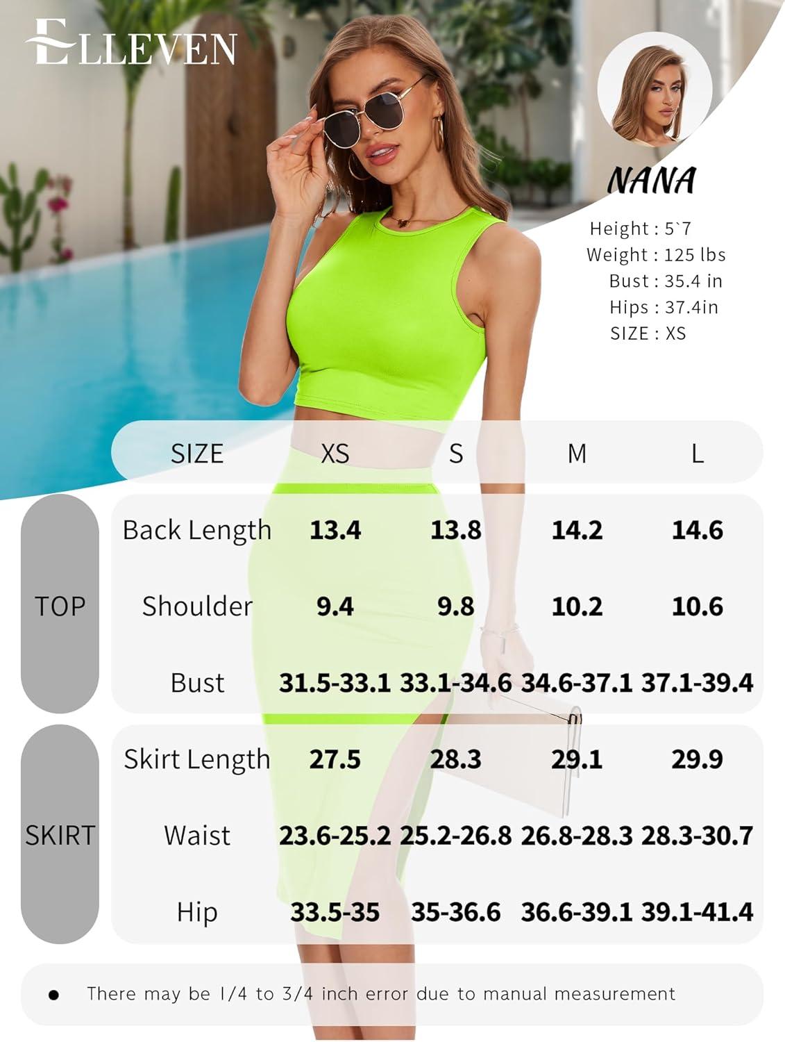 image:imageELLEVEN 2 Piece Midi Skirt Sets for Women Crew Neck Sleeveless Tank Top and Slit Bodycon High Stretchy Summer Dress OutfitsNeon Green