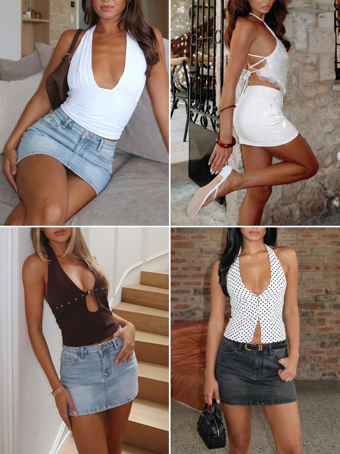 image:imageELLEVEN Denim Mini Skirt for WomenHigh Stretch Low Rise Sexy Bodycon Jean Skirt with Pockets Casual SummerBlack