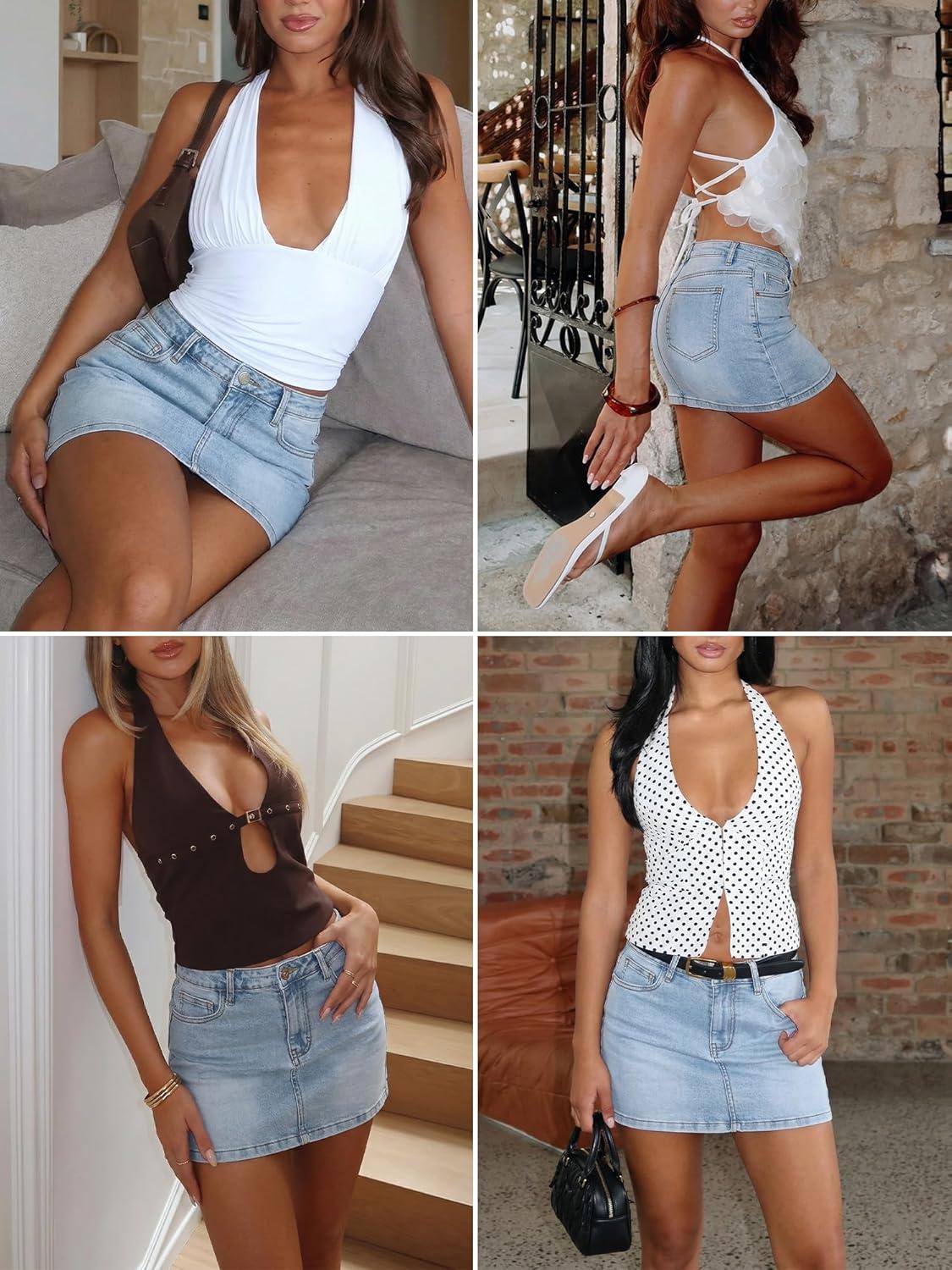 image:imageELLEVEN Denim Mini Skirt for WomenHigh Stretch Low Rise Sexy Bodycon Jean Skirt with Pockets Casual SummerDenim Blue
