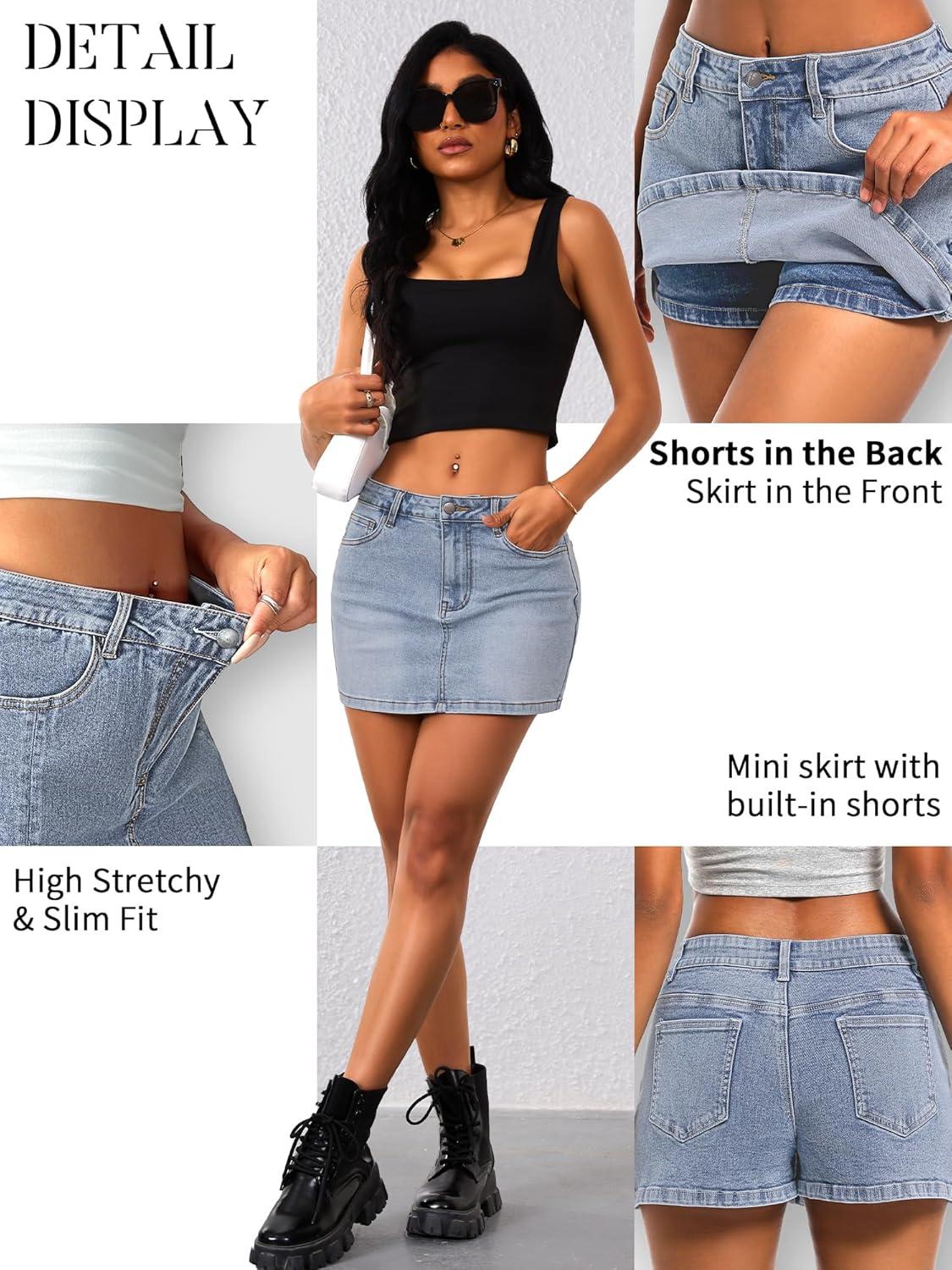 image:imageELLEVEN High Stretchy Mini Skort Skirt for WomenLow Waist Denim Skort Shorts with PocketsLight Denim Blue