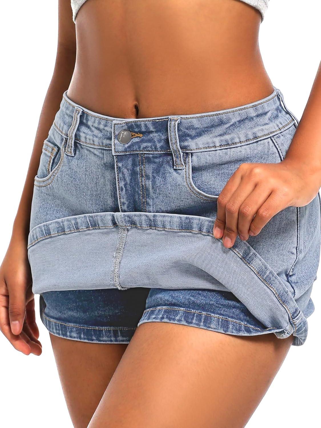 image:imageELLEVEN High Stretchy Mini Skort Skirt for WomenLow Waist Denim Skort Shorts with PocketsLight Denim Blue