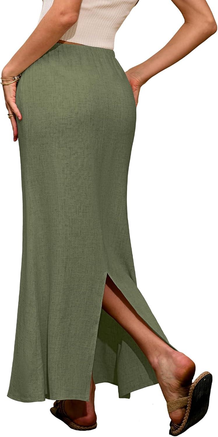 image:imageELLEVEN Linen Flared Maxi Skirt with Back Slit Elastic Waist Drawstring Long Flowy AnkleLength SkirtArmy Green