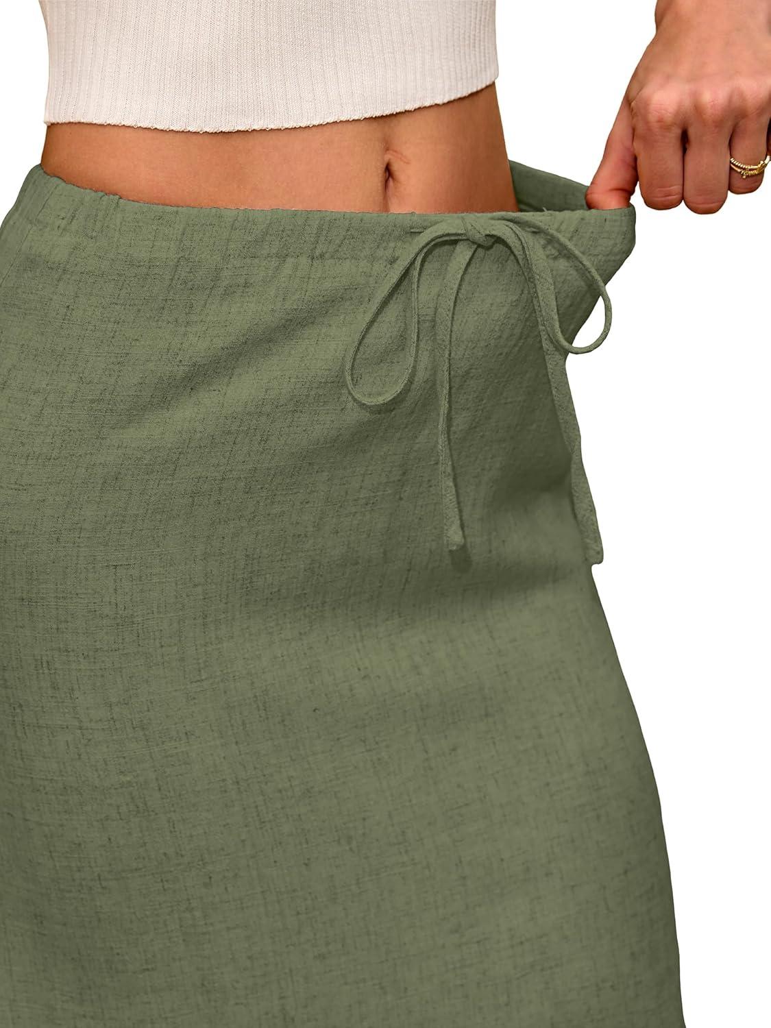 image:imageELLEVEN Linen Flared Maxi Skirt with Back Slit Elastic Waist Drawstring Long Flowy AnkleLength SkirtArmy Green