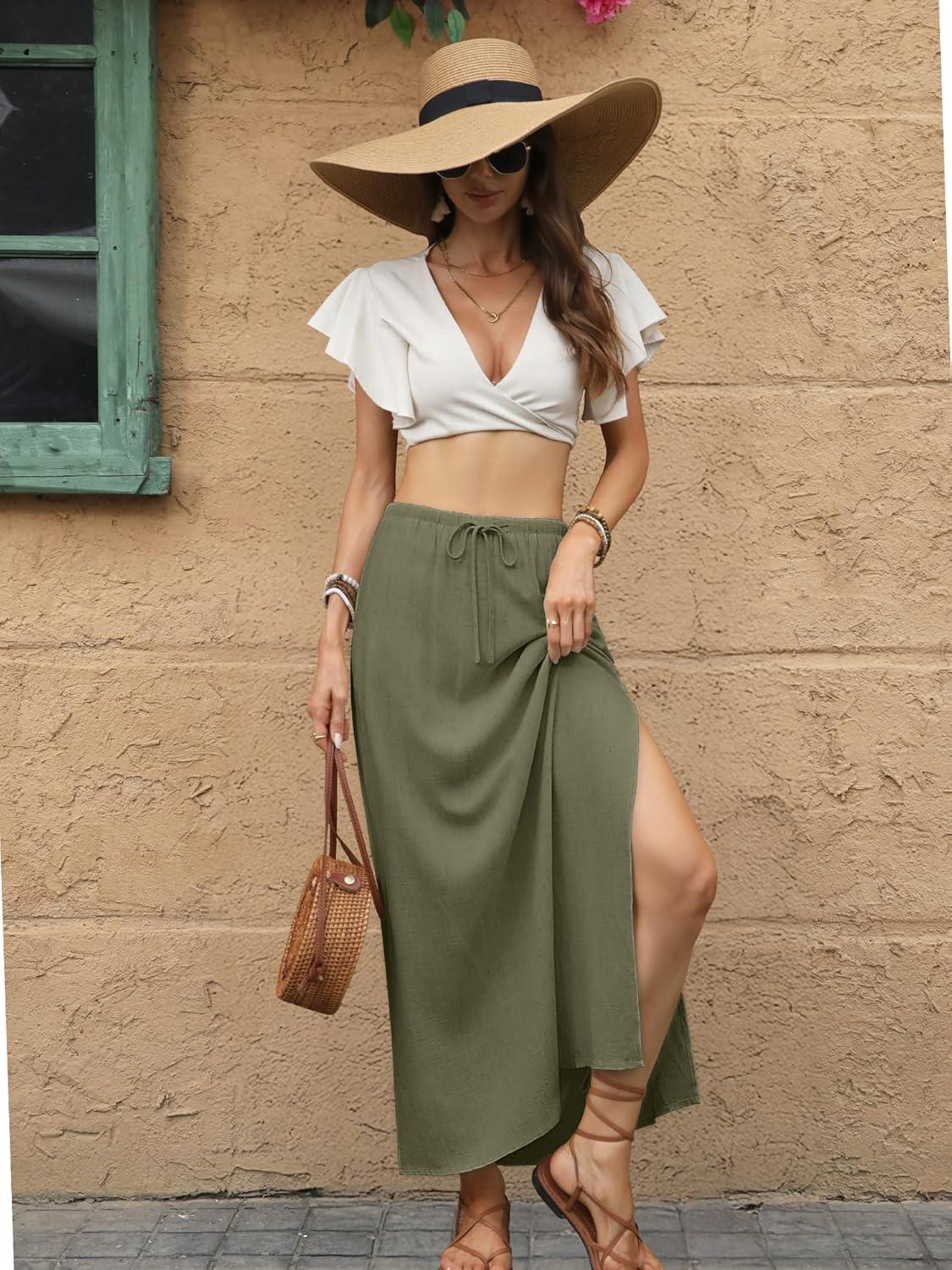 image:imageELLEVEN Linen Straight Maxi Skirt with Side Slit Elastic Waist Drawstring Long Flowy AnkleLength Skirt with PocketsArmy Green