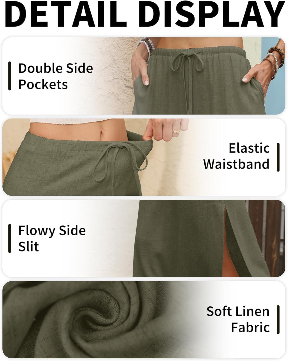 image:imageELLEVEN Linen Straight Maxi Skirt with Side Slit Elastic Waist Drawstring Long Flowy AnkleLength Skirt with PocketsArmy Green