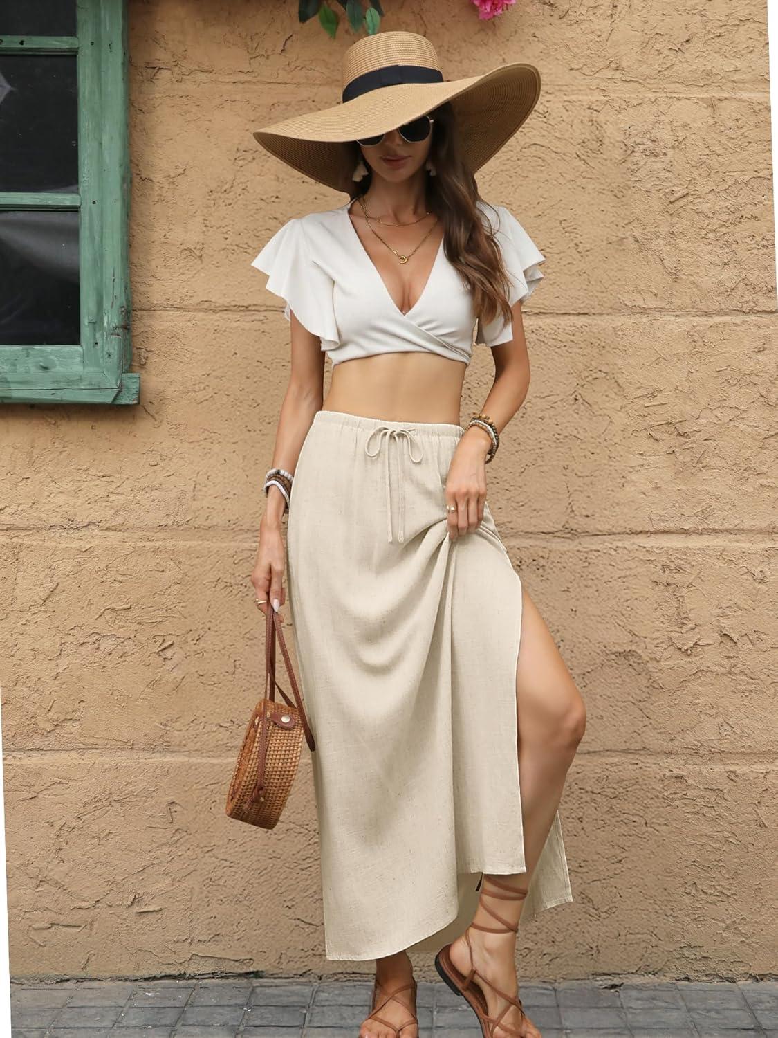 image:imageELLEVEN Linen Straight Maxi Skirt with Side Slit Elastic Waist Drawstring Long Flowy AnkleLength Skirt with PocketsBeige