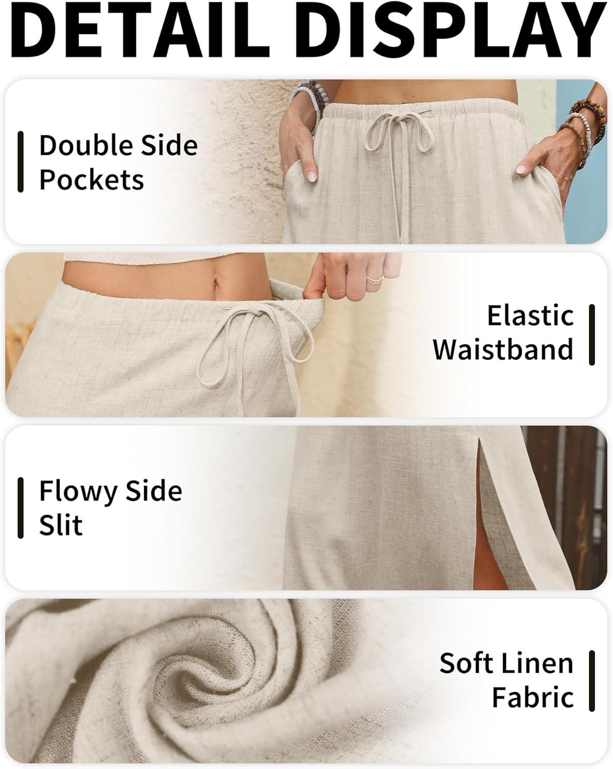image:imageELLEVEN Linen Straight Maxi Skirt with Side Slit Elastic Waist Drawstring Long Flowy AnkleLength Skirt with PocketsBeige