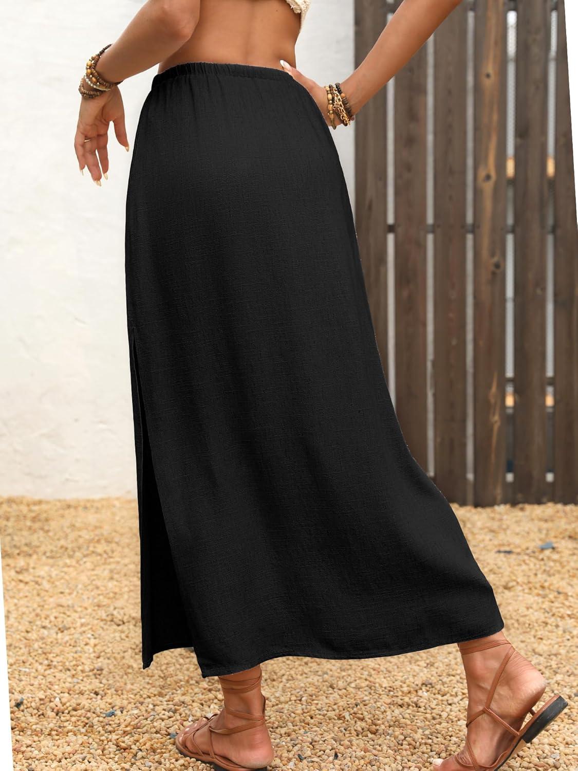 image:imageELLEVEN Linen Straight Maxi Skirt with Side Slit Elastic Waist Drawstring Long Flowy AnkleLength Skirt with PocketsBlack