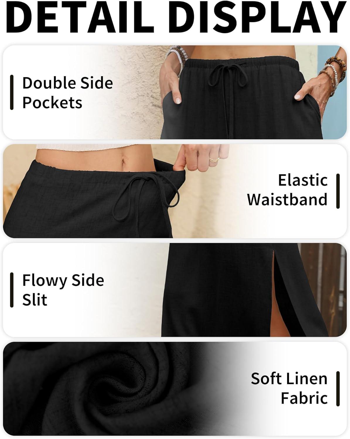 image:imageELLEVEN Linen Straight Maxi Skirt with Side Slit Elastic Waist Drawstring Long Flowy AnkleLength Skirt with PocketsBlack