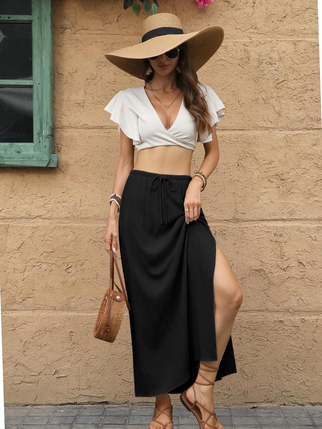 image:imageELLEVEN Linen Straight Maxi Skirt with Side Slit Elastic Waist Drawstring Long Flowy AnkleLength Skirt with PocketsBlack