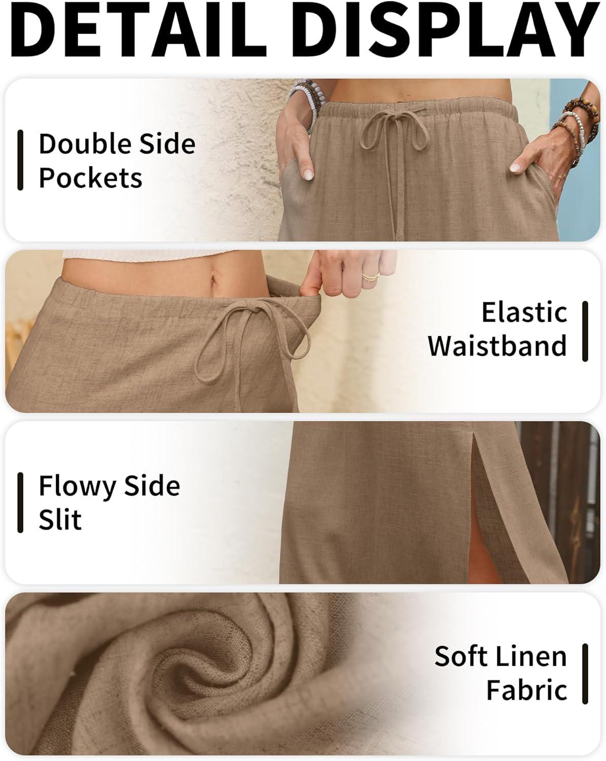 image:imageELLEVEN Linen Straight Maxi Skirt with Side Slit Elastic Waist Drawstring Long Flowy AnkleLength Skirt with PocketsKhaki