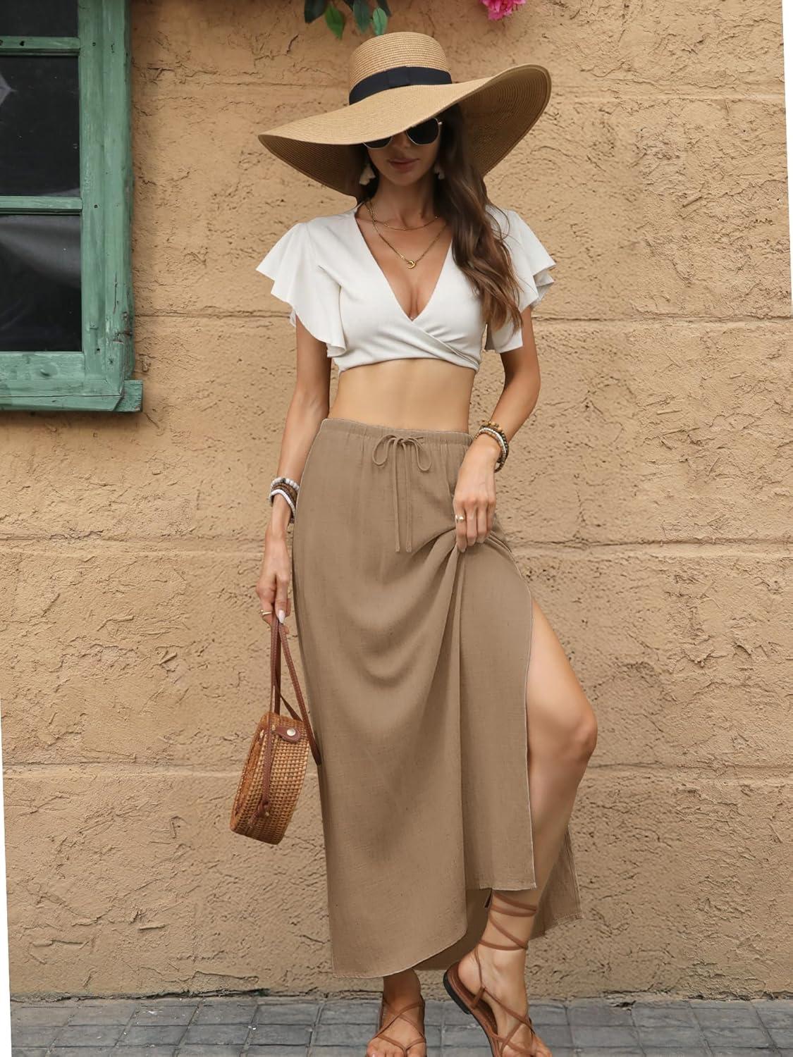 image:imageELLEVEN Linen Straight Maxi Skirt with Side Slit Elastic Waist Drawstring Long Flowy AnkleLength Skirt with PocketsKhaki