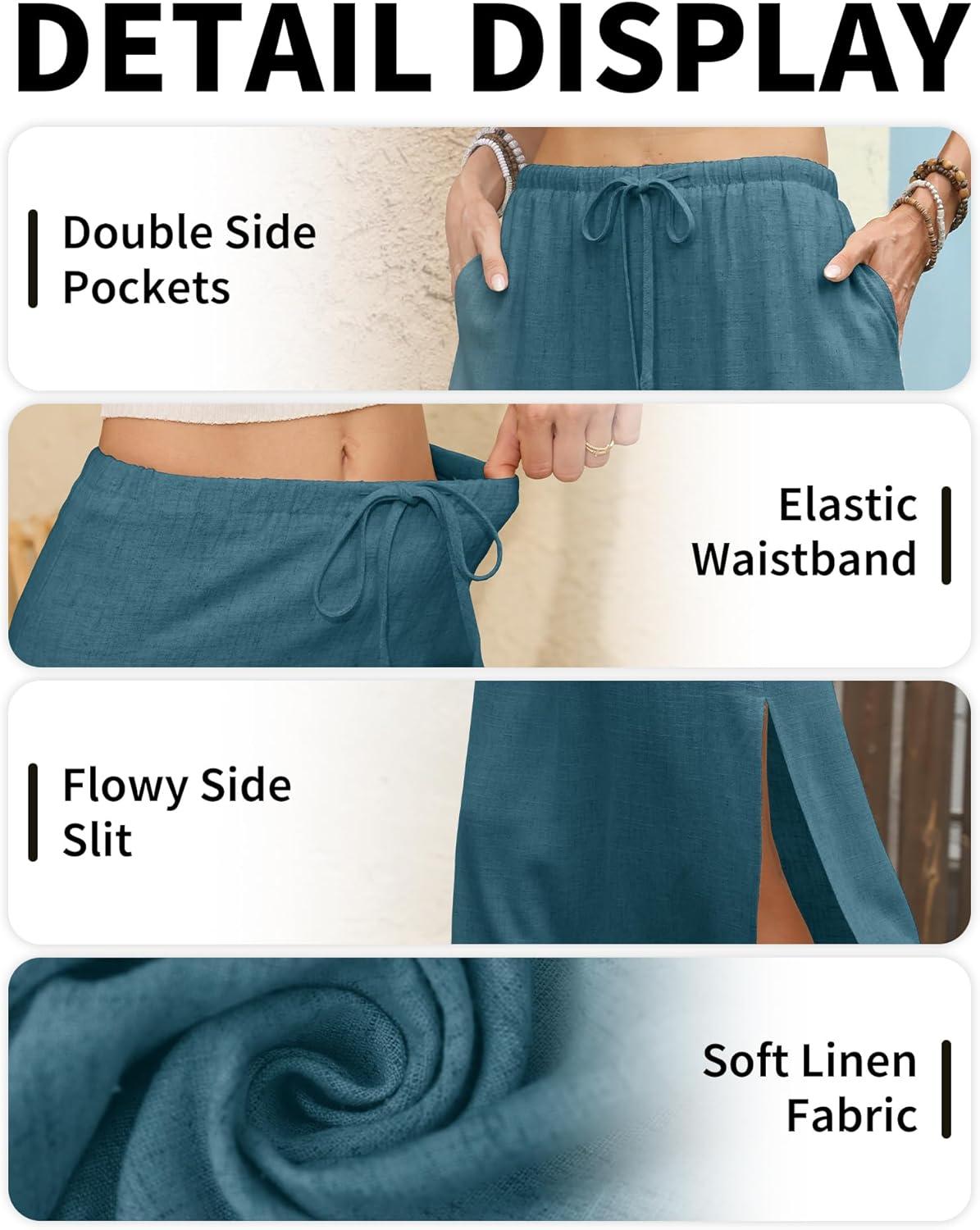 image:imageELLEVEN Linen Straight Maxi Skirt with Side Slit Elastic Waist Drawstring Long Flowy AnkleLength Skirt with PocketsPeacock Blue