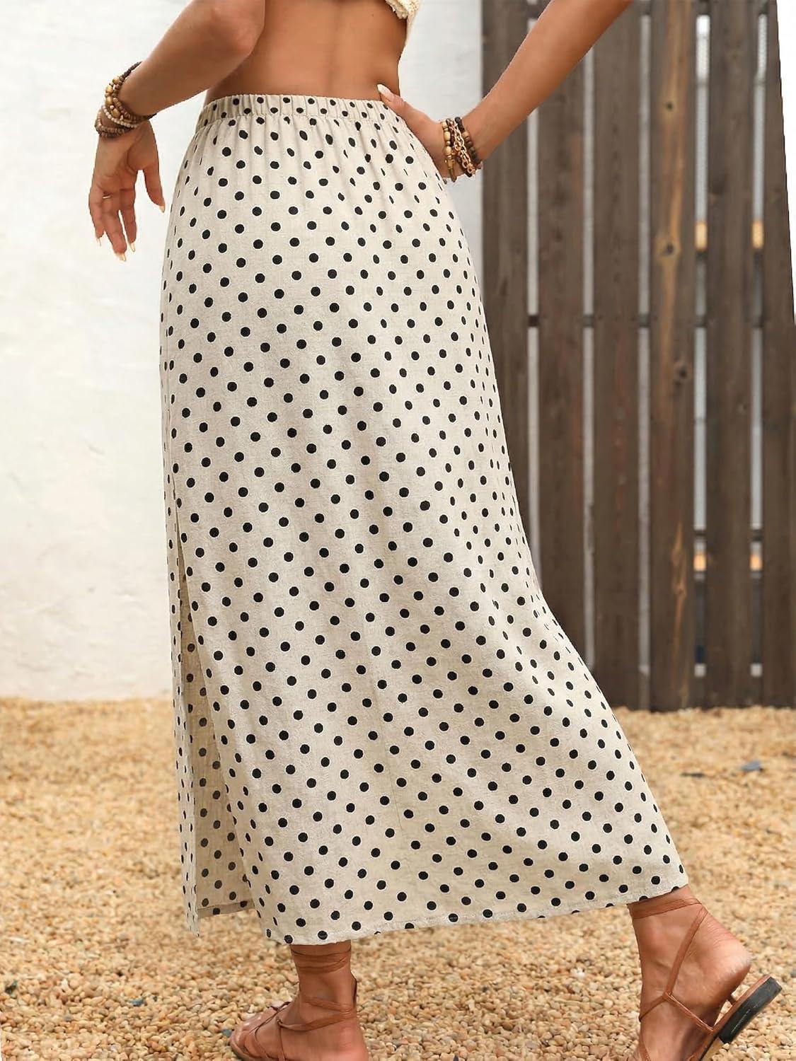 image:imageELLEVEN Linen Straight Maxi Skirt with Side Slit Elastic Waist Drawstring Long Flowy AnkleLength Skirt with PocketsPolka Dot