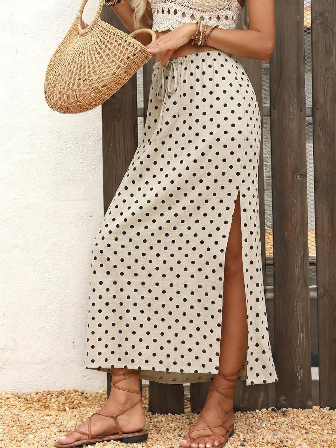 image:imageELLEVEN Linen Straight Maxi Skirt with Side Slit Elastic Waist Drawstring Long Flowy AnkleLength Skirt with PocketsPolka Dot