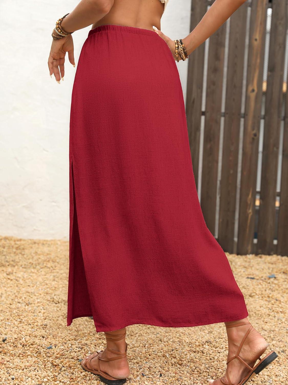 image:imageELLEVEN Linen Straight Maxi Skirt with Side Slit Elastic Waist Drawstring Long Flowy AnkleLength Skirt with PocketsRed